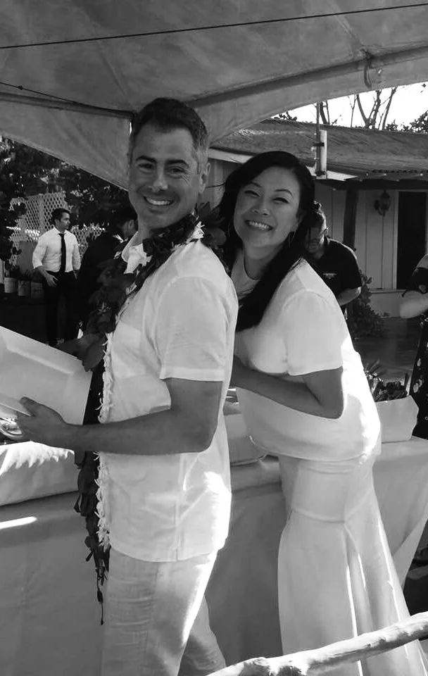 Rickie in her custom silk Tee and Skirt at her North Shore Oahu wedding.