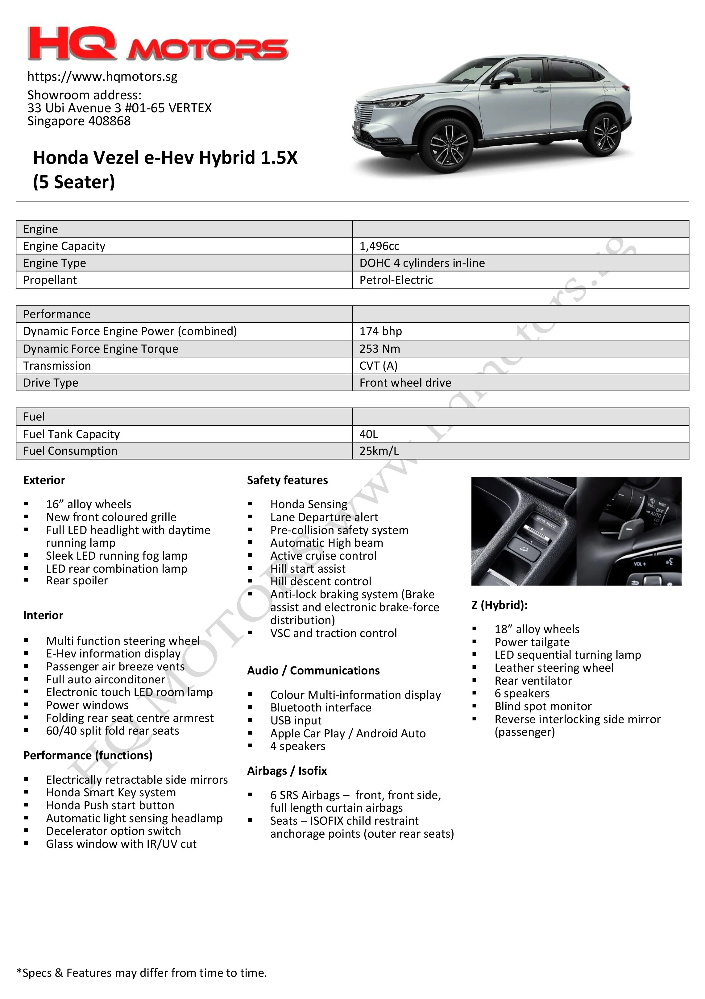 Honda Vezel Hybrid specifications and features - HQ MOTORS 
