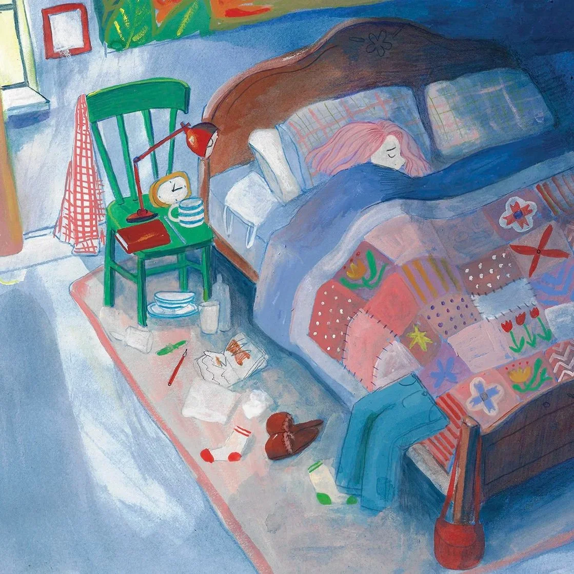 A girl with pink hair sleeping in a bed with a colorful quilt, with an alarm clock on a green bedside table, along with a red book, a striped mug, and a lamp. There are clothes, socks, and a baseball glove on the floor, with some papers and a pen nea