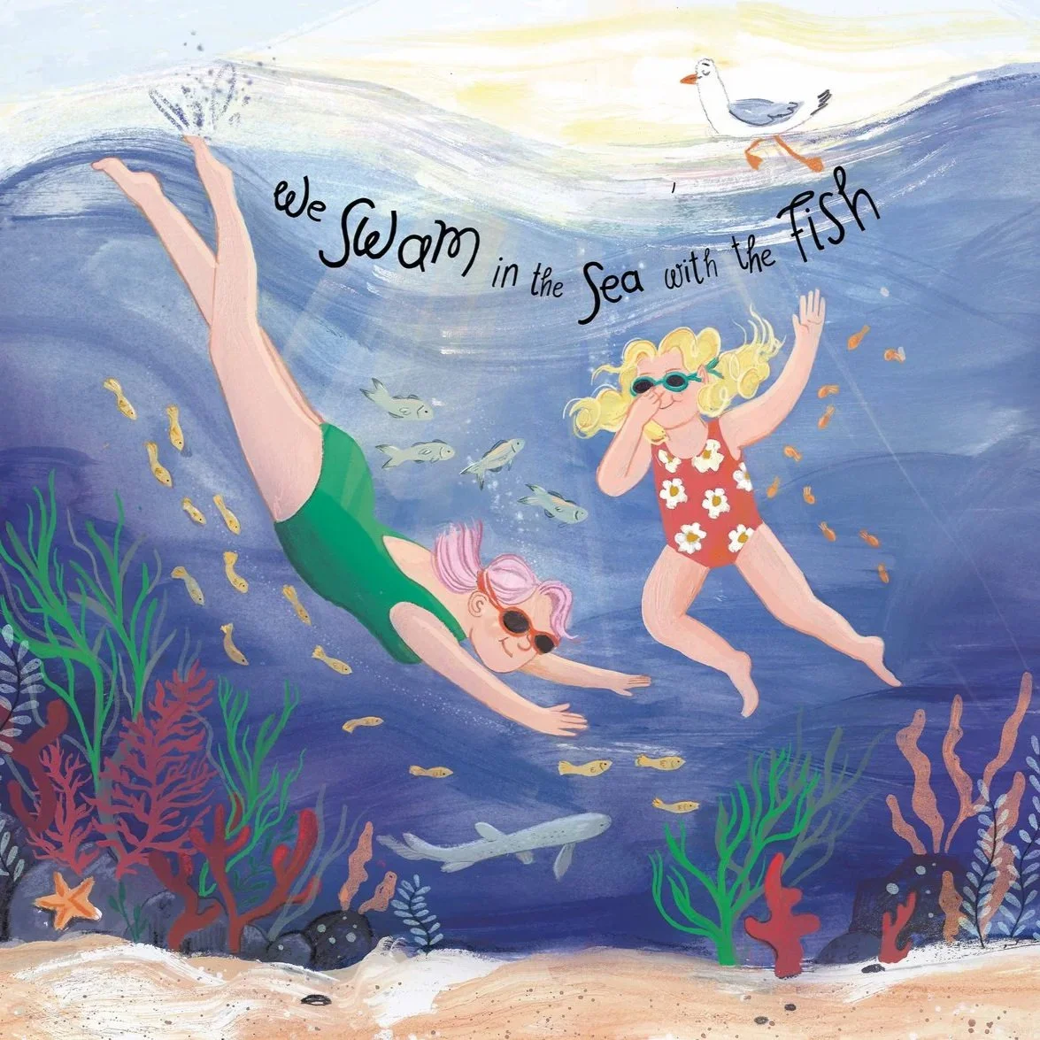 Underwater scene with two children swimming, one with blonde hair and glasses in a red swimsuit with white flowers, and the other with pink hair in a green swimsuit. They are surrounded by colorful coral, fish, and a seagull swimming above. The text 