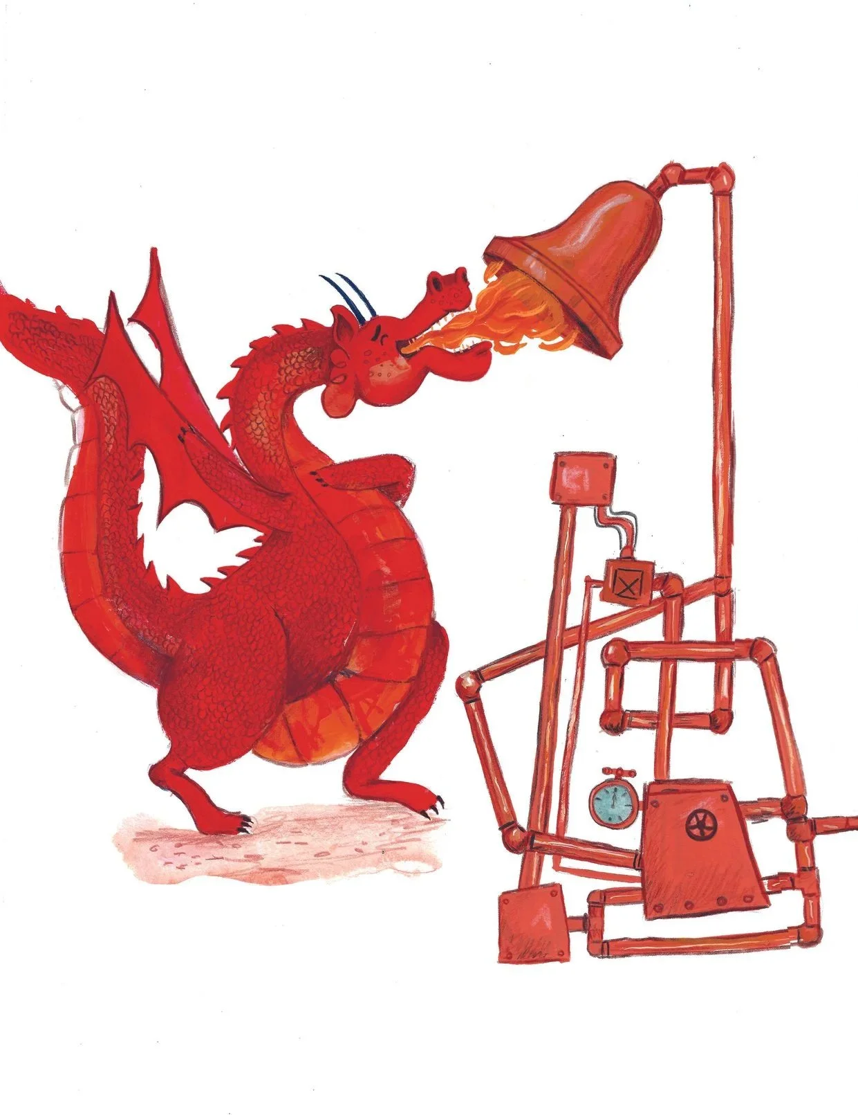 Red cartoon dragon breathing fire onto a large red bell attached to a pipe system.