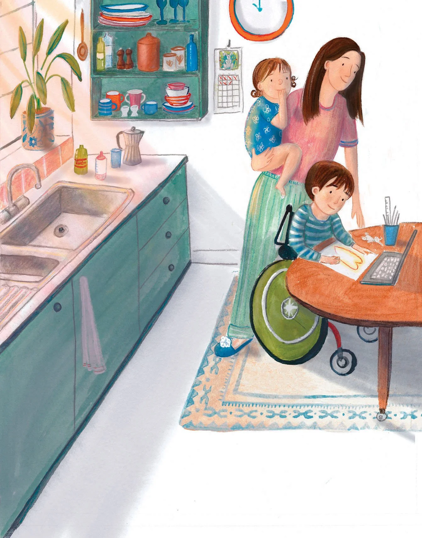 A girl in a wheelchair, a woman, and a boy with special needs in the kitchen near a table with a keyboard. The girl sits on the woman's back, and they are smiling. The girl is wearing blue pajamas, and the boy is drawing on paper.