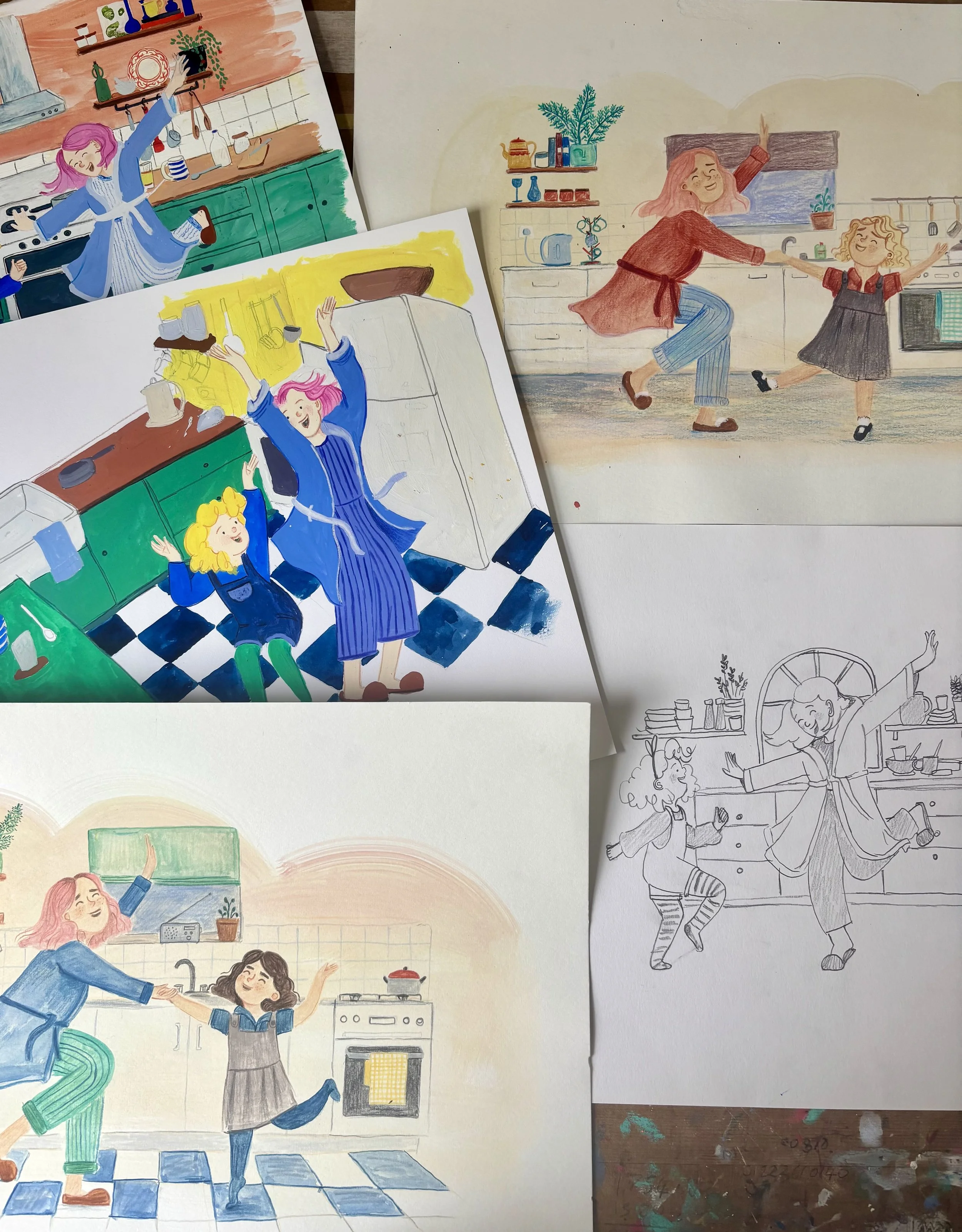 Collection of colorful illustrations and sketches of a mother and daughter dancing and celebrating in the kitchen.