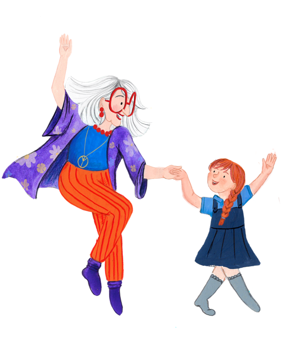 An animated illustration of an elderly woman with white hair, red glasses, and a purple floral jacket dancing with a young girl with red hair in a braid, wearing a blue dress and gray socks. They are holding hands and smiling.
