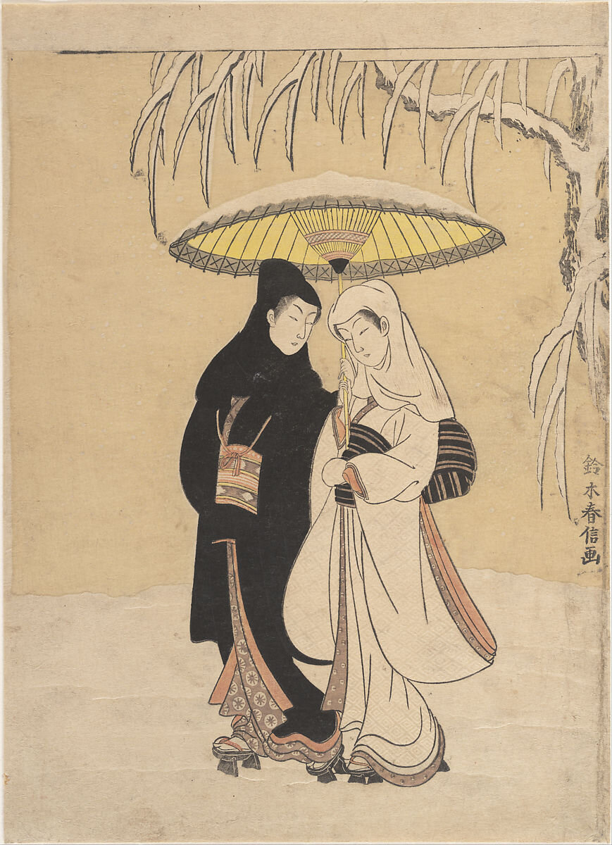 ‘Lovers Walking in the Snow’ by Suzuki Harunobu. Image: Met Museum.