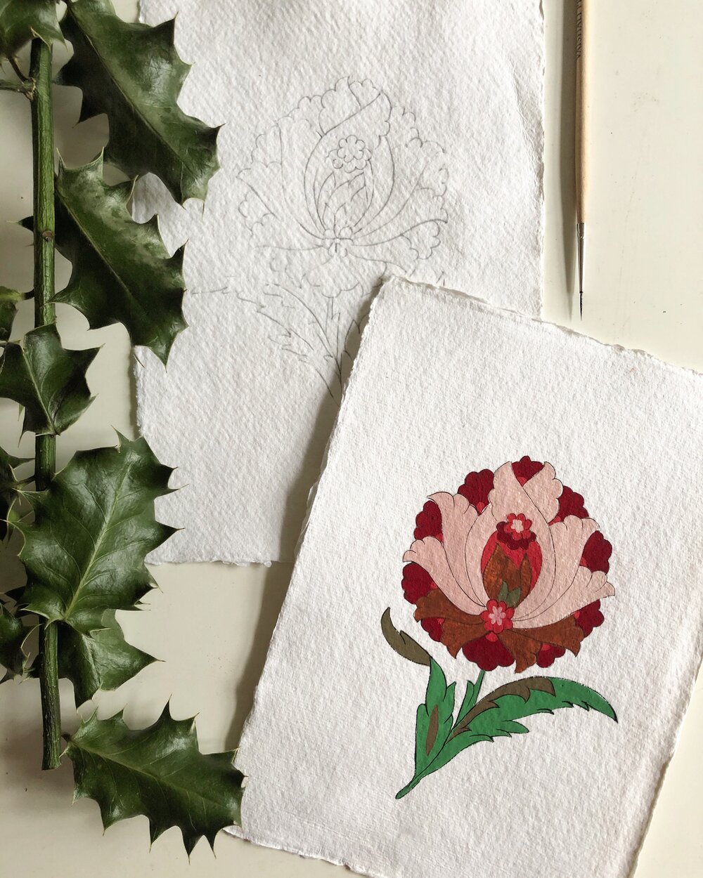 A painting in progress from Esra’s Turkish Flower Painting Workshop. Photo: @i slamicillumination