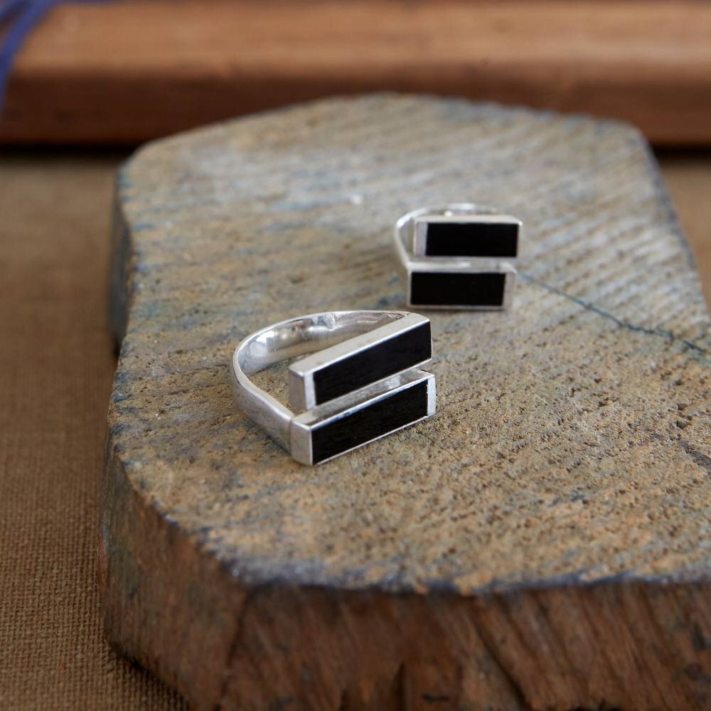 Pictured here:  Equality Silver Ring in Black Agate.