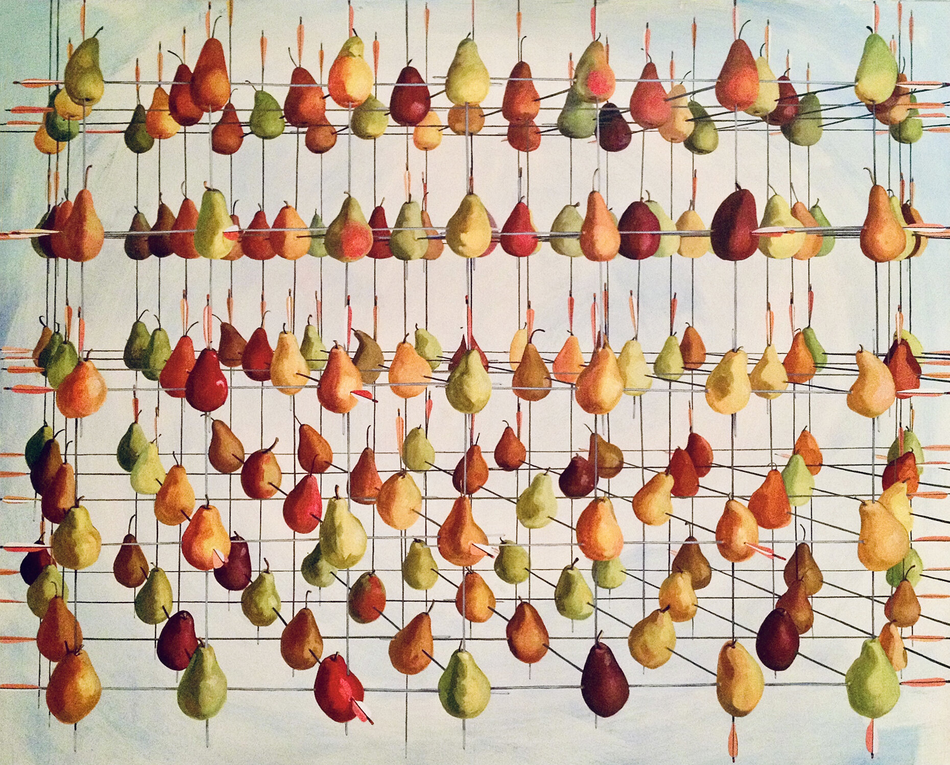   Pinned Pears , 5'x4.5', oil and acrylic on wooden panel 