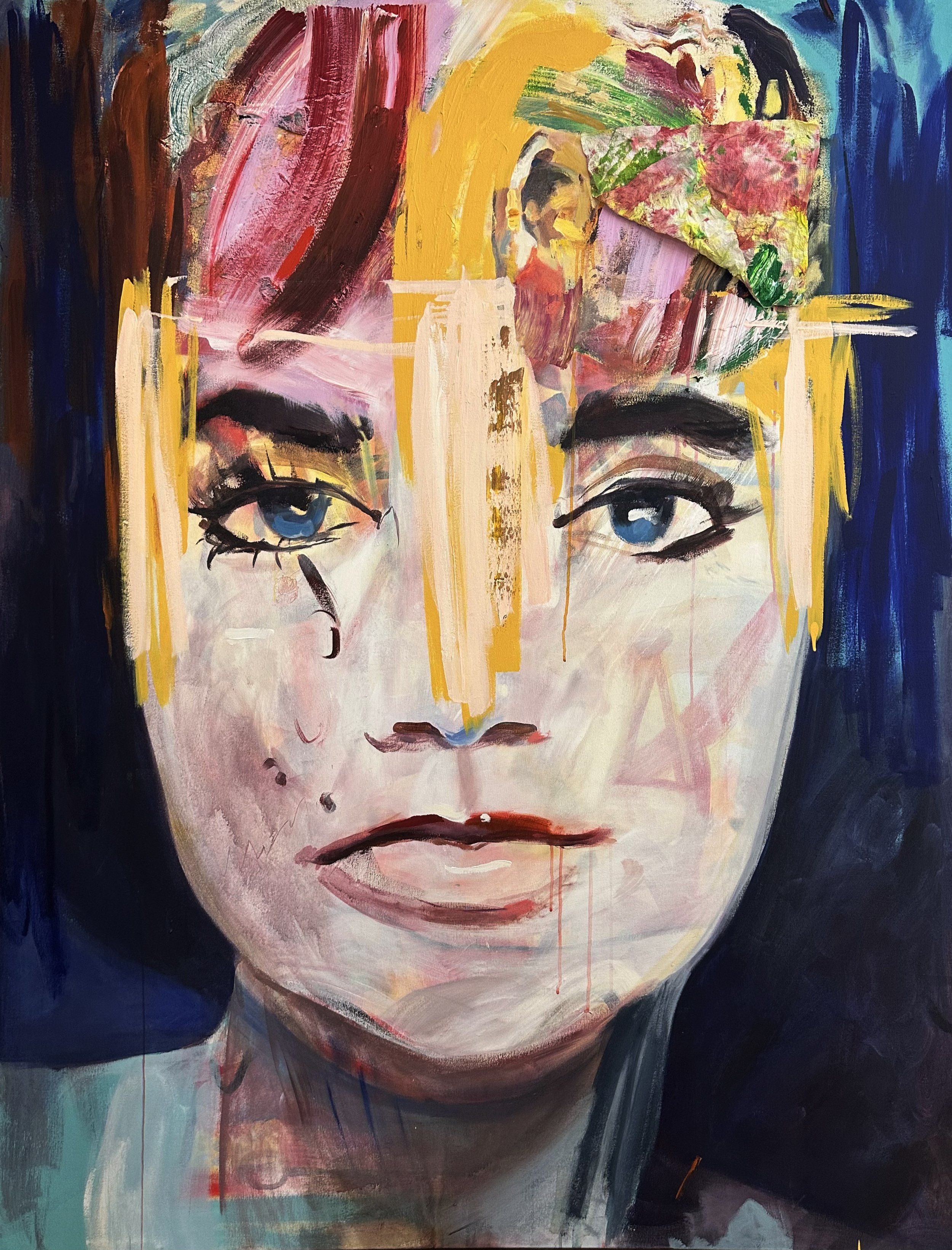   She,  2023, 56 x 73.5 in, acrylic and paper towel on canvas 