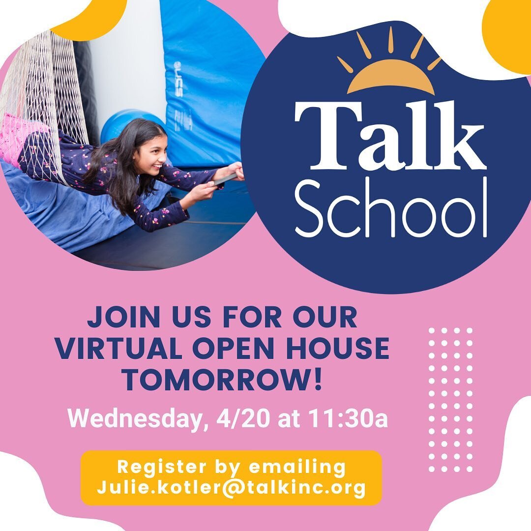 Please join us tomorrow, Wednesday, 4/20 at 11:30a, to learn more about Talk School. Did you know that we are the only speech and language school in PA? 
🗣 🏫 🌟 

🧠 We always presume competence in our students. 

✨Email Julie.kotler@talkinc.org to