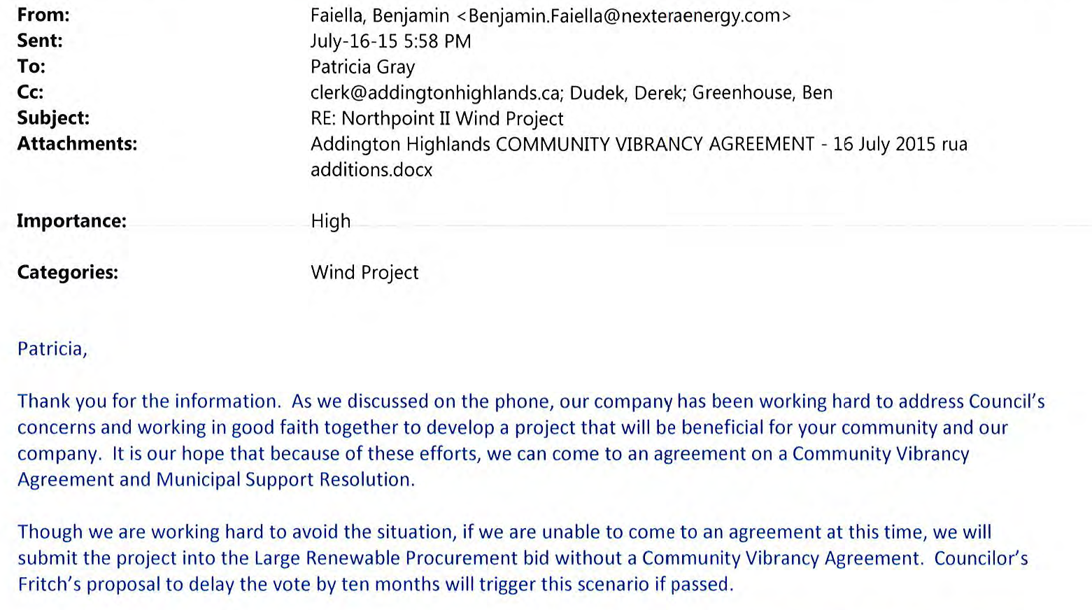 July 16, 2015 email from Benjamin Faiella of Nextera to Patricia Gray of Addington Highlands: