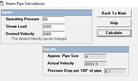 STEAM PIPE SIZE SELECTION USING HOFFMAN SELECTION TOOL.