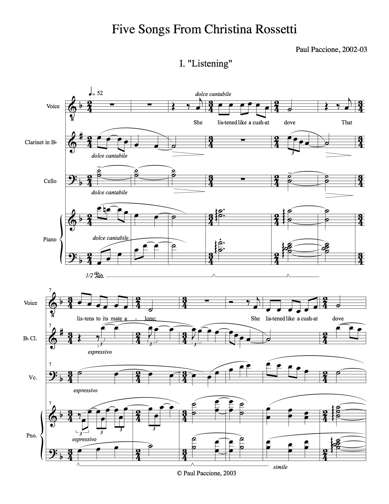 Five Songs From Christina Rossetti. Tenor Voice, Clarinet, Cello and Piano: I. Listening (2002-2003).