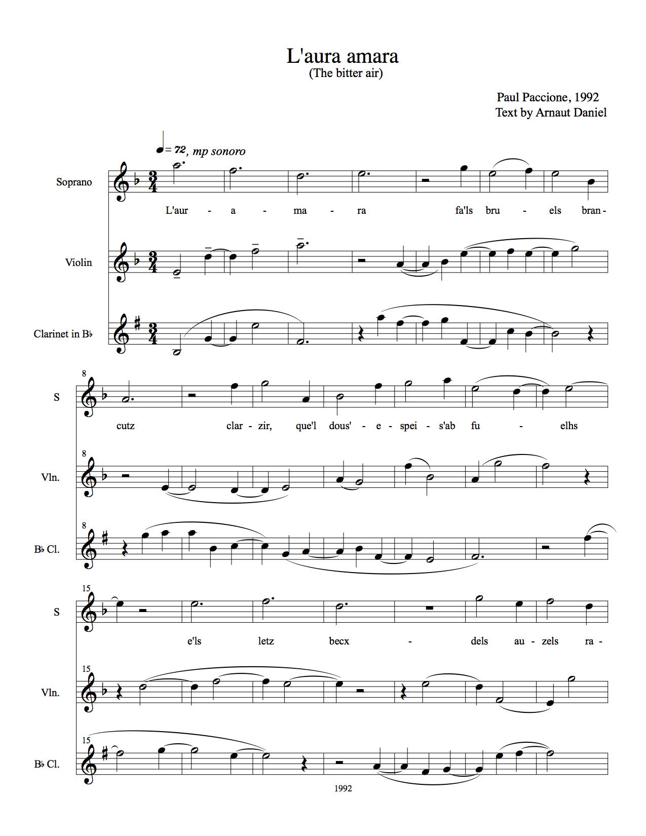 L'aura Amara (The Bitter Air). Soprano, Violin and Clarinet (1991).