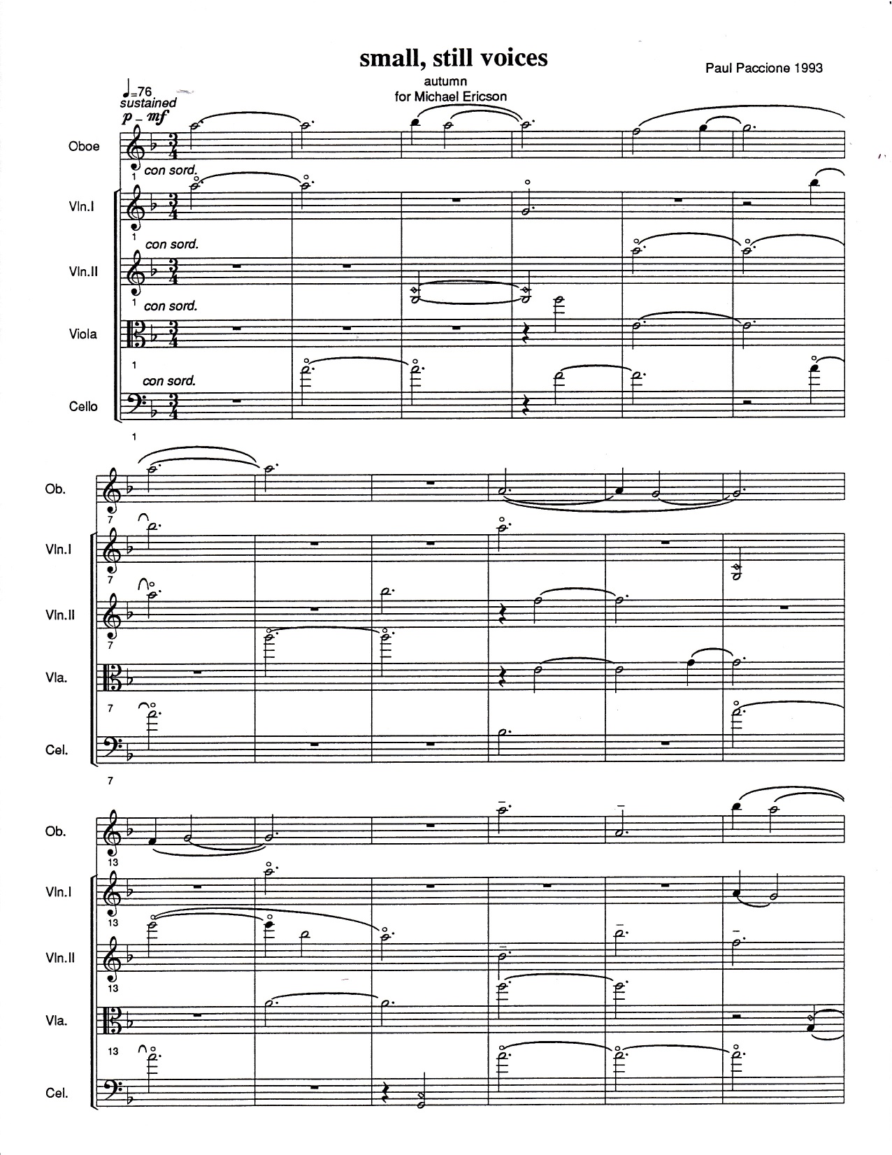 Small, Still Voices. Oboe and String Quartet: Mov't I, Autumn (1993)