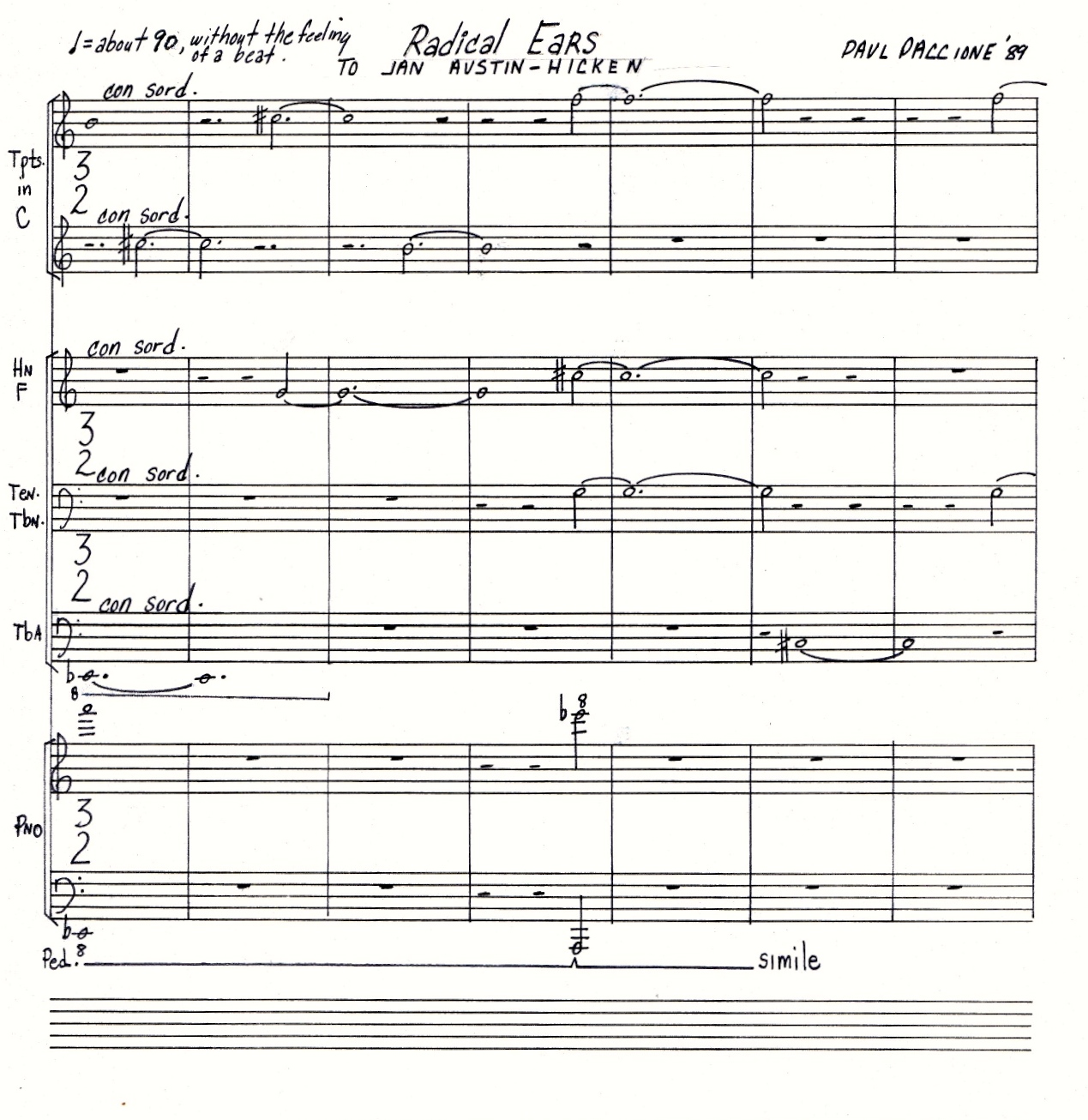Radical Ears. Two C Trumpets, F Horn, Tenor Trombone, Tuba and Piano (1989)