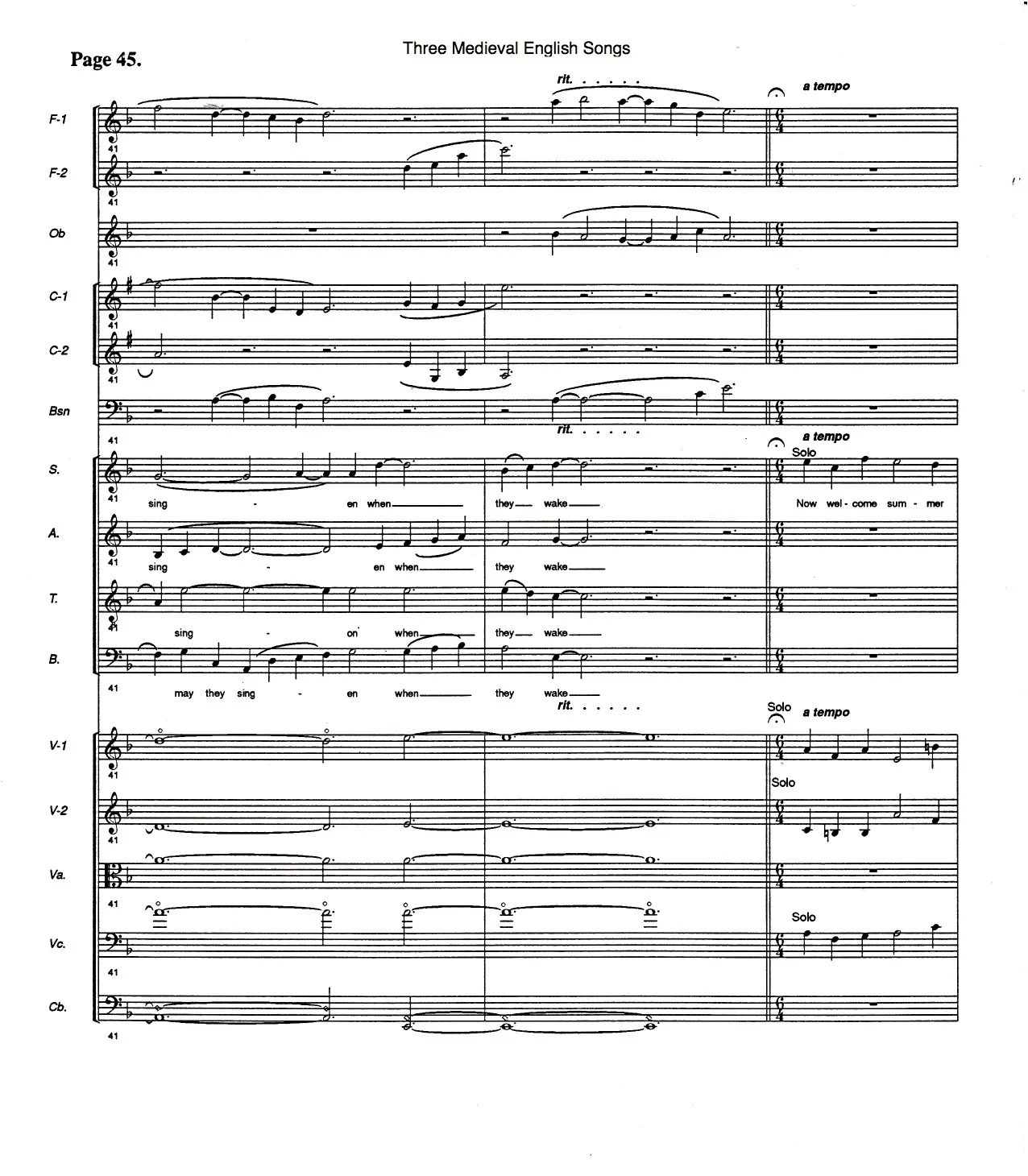 Three Medieval English Songs. SATB Choir and Orchestra: Mov't II. Now Welcome Summer, Tranquillo ma cantabile, mm. 41-43 (1992).
