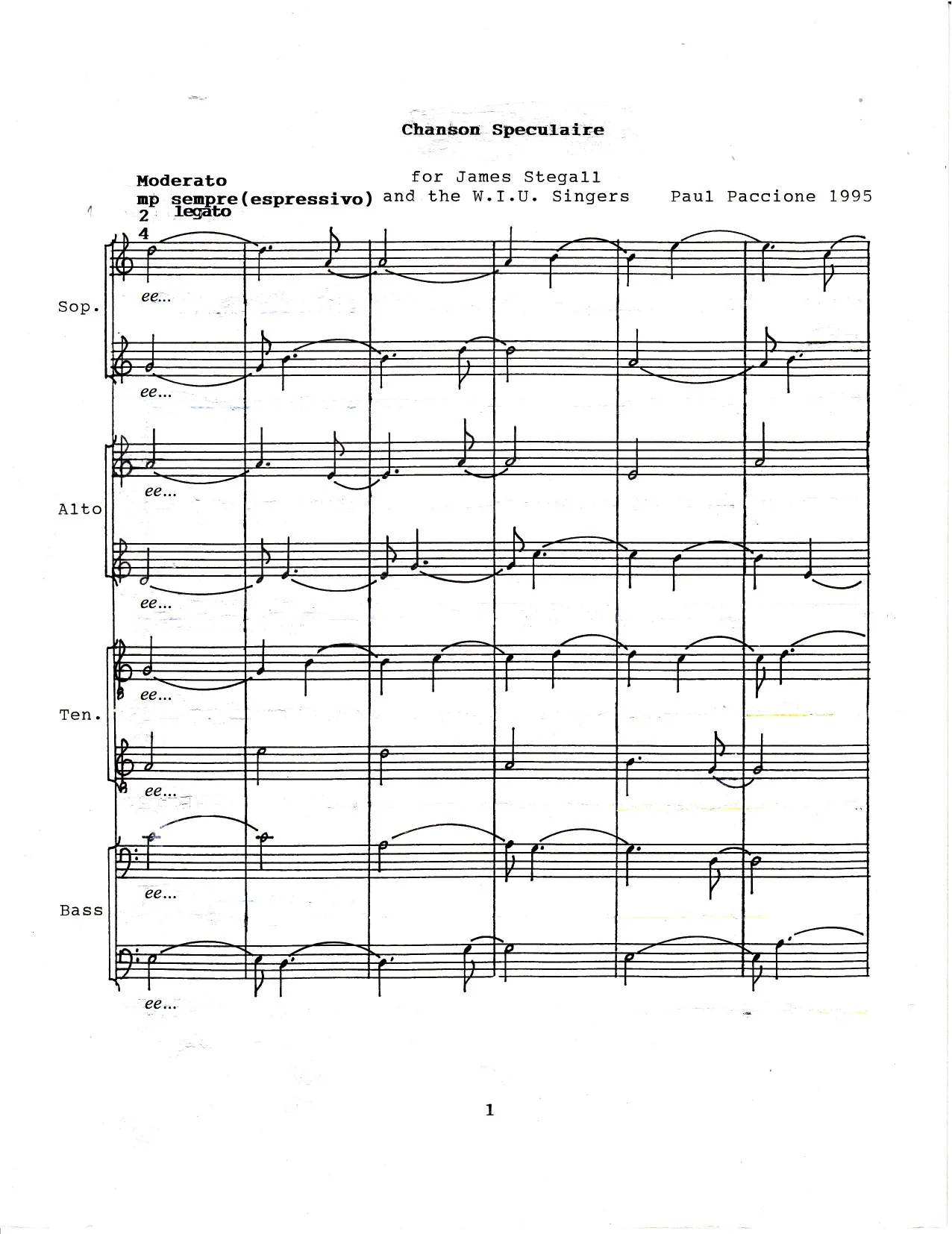 Chanson Speculaire. Wordless SATB Choir (1995).