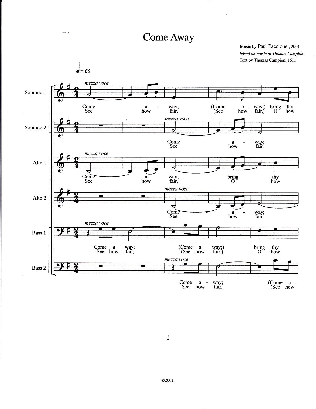 Come Away (After Campion). SAB Choir (2001).