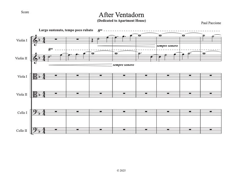  The musical material for “After Ventadorn” is derived entirely from the 12th-century lyric love poem and song ( canso)  “Can vei dei la lauzeta mover” (“When I see the lark beating its wings”).  Complete score :  https://issuu.com/paulpaccione/docs/
