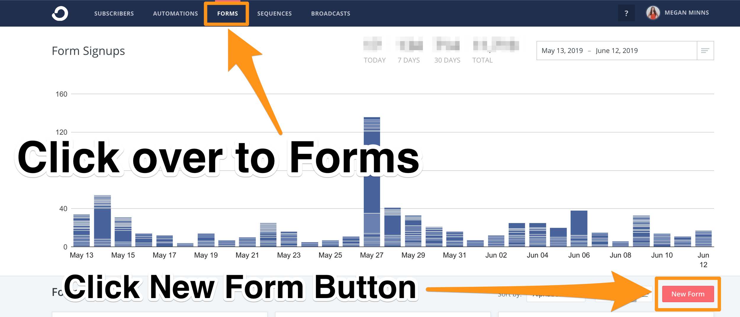 1. Click New Form button - ConvertKit Tutorial 2019 - Megan Minns.png