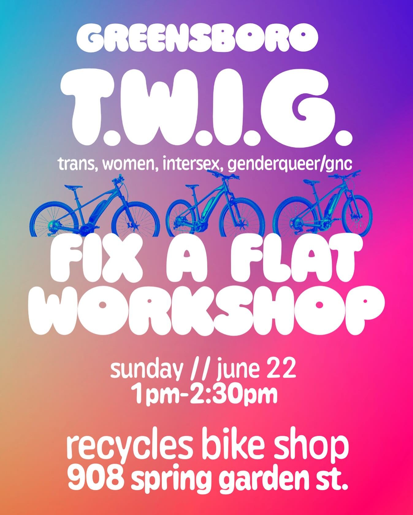 we are hosting a first of a multiple series workshop for T.W.I.G individuals in the community interested in learning bike repair in an inclusive space.
we hope you can make it!
the workshop will be hosted by natalie (she/her) and star (they/them)