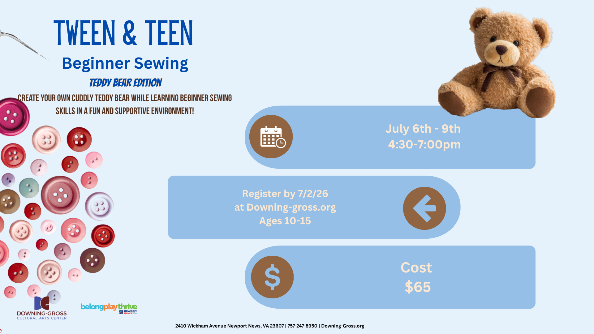 Tween & Teen Beginner Sewing Class: Teddy Bear Edition