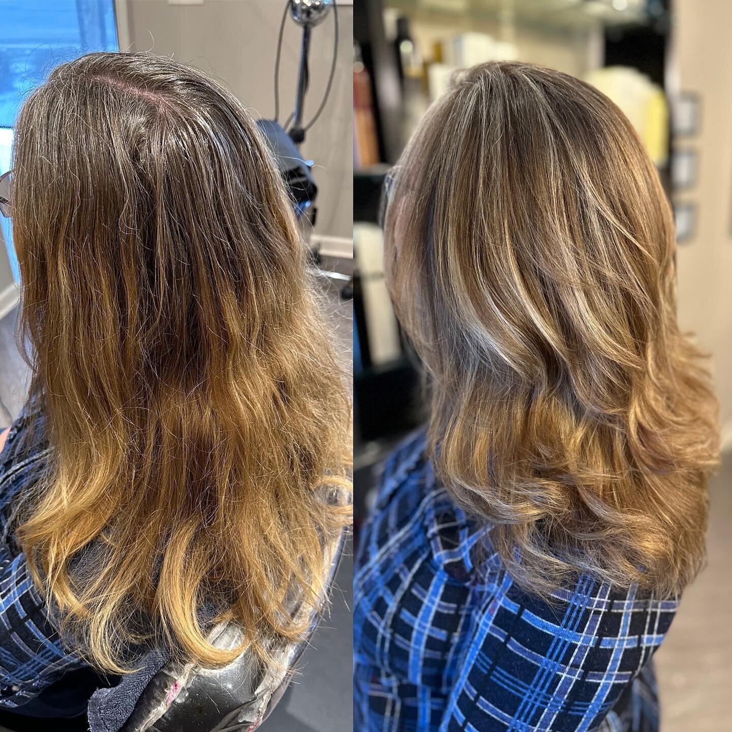 Ashley had the pleasure of meeting and styling our Merry Makeover winner this week! 🎁

Deborah is a busy mom of 4 with very little time for herself. With unwanted brassy tones in her ends and a harsh regrowth line we decided on a color correction us