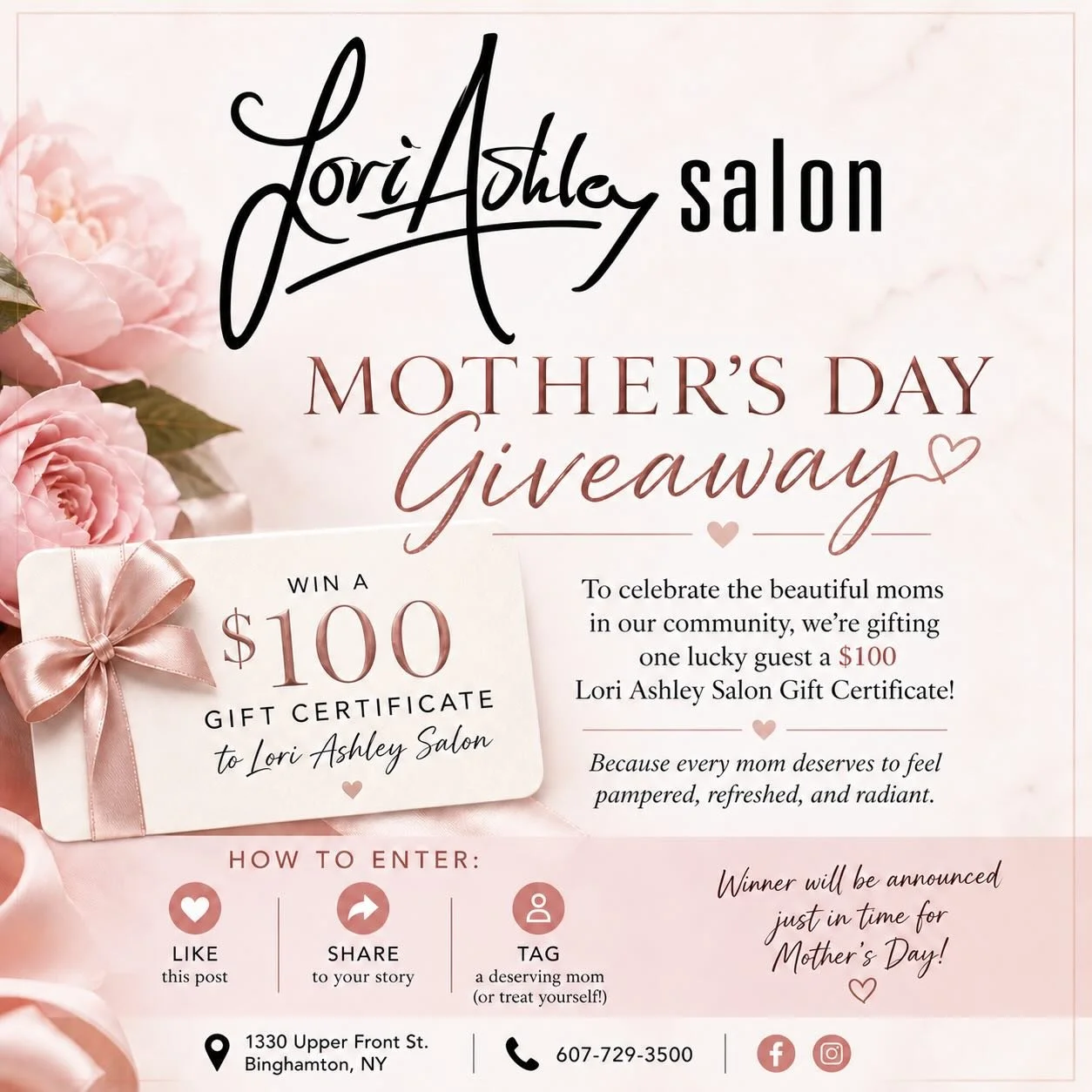 💐✨ MOTHER&rsquo;S DAY GIVEAWAY ✨💐

Lori Ashley Salon is celebrating Mother&rsquo;s Day with a $100 Salon Gift Certificate GIVEAWAY! 💇&zwj;♀️💖

Want to win a little pampering (or gift it to a mom you love)? Here&rsquo;s how to enter:
👉 LIKE this 