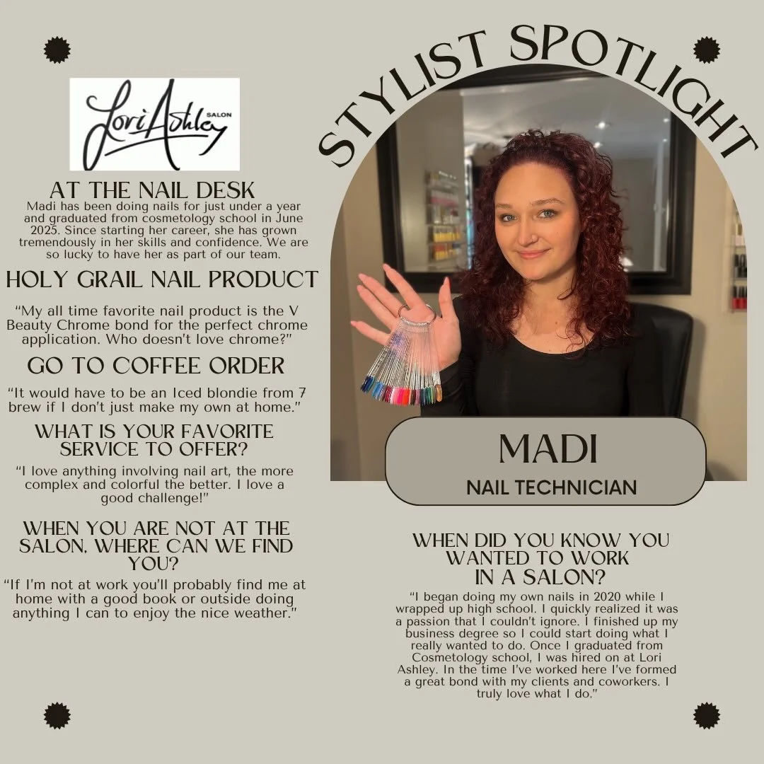 Have you met our Madi?! ✨
💅 Madison is our incredibly talented nail artist who joined our team back in August. She brought new services using Acrylic and Builder gel to our salon while also offering gel polish manicures. 
She specializes in the most