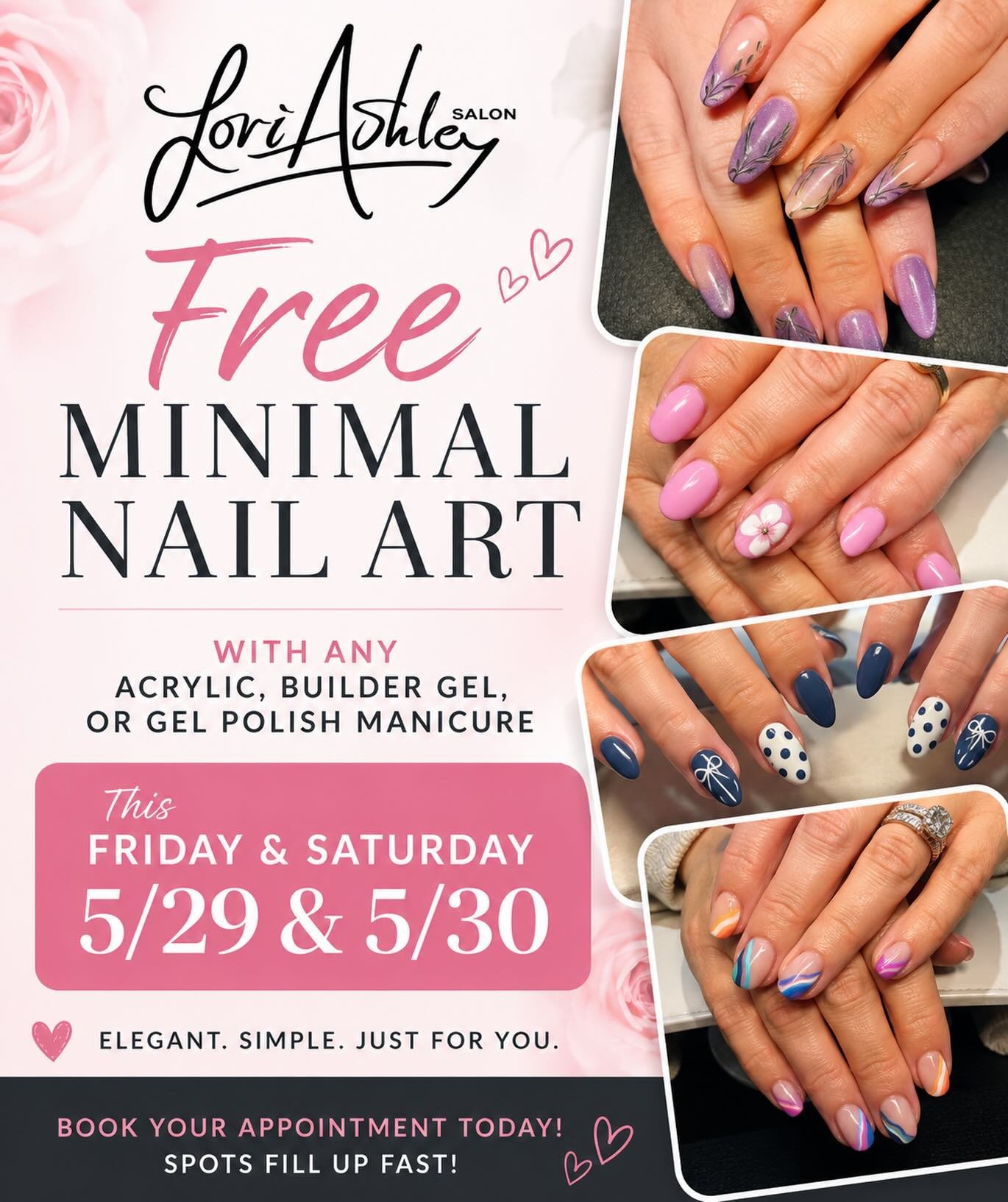 ✨ This Friday and Saturday only, Madi is offering a free nail art upgrade to all gel polish manicures, acrylic and builder gel sets! 💅
All of Madi&rsquo;s nail services include gel polish, but this weekend only you can enjoy a french tip or one of h