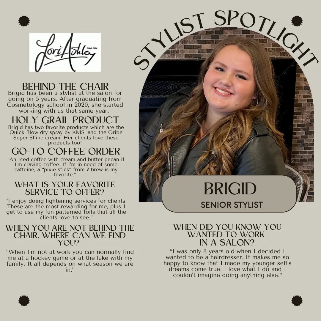 Our next stylist spotlight is our girl Brigid!! If you have been to our salon in the last 6 years there is a good chance you have been lucky enough to meet her. 🫶  You can see her work being posted on our socials regularly and she is always busy beh
