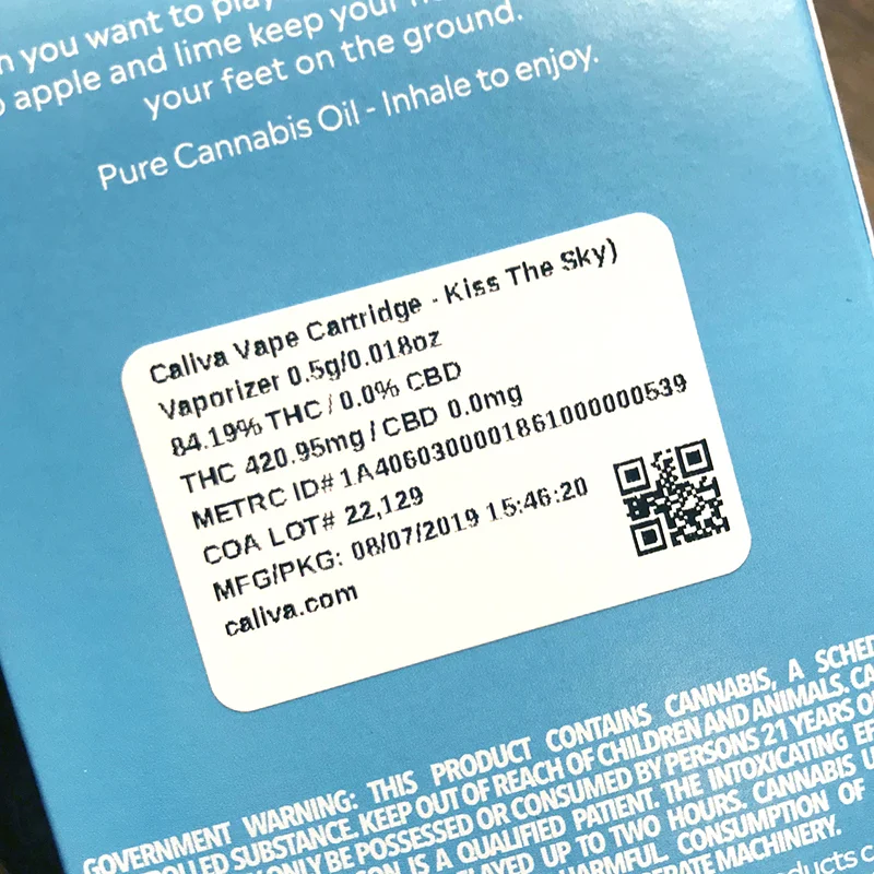 Image of Caliva cannabis vape oil compliance label.