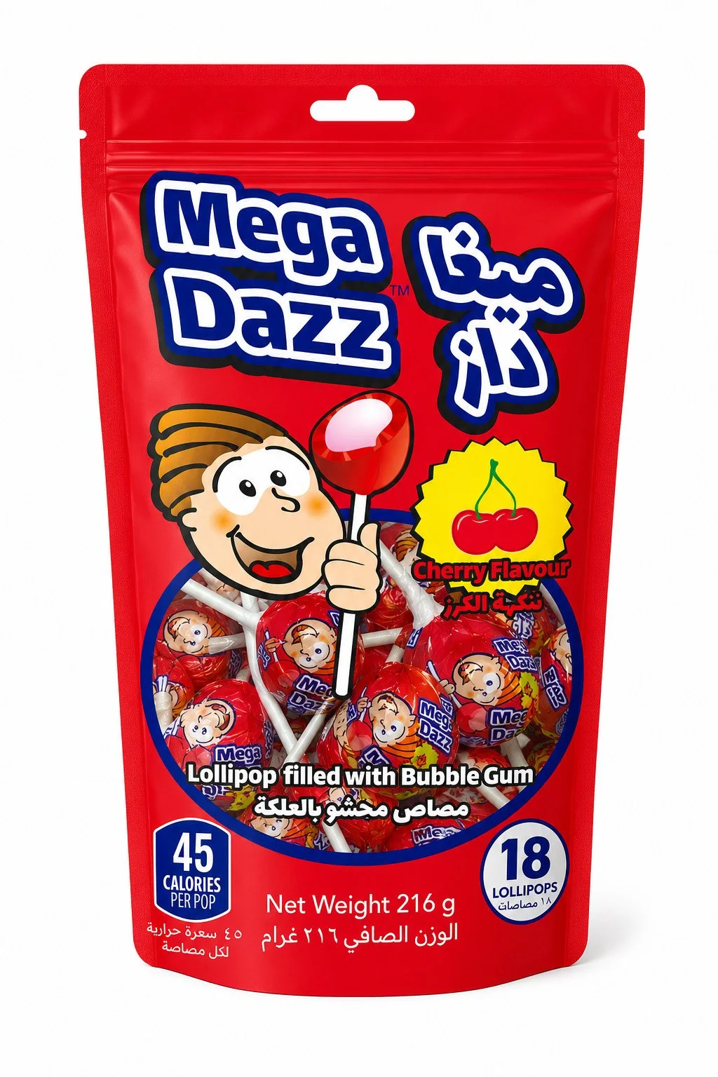 Mega Dazz cherry flavour bubble gum filled lollipops