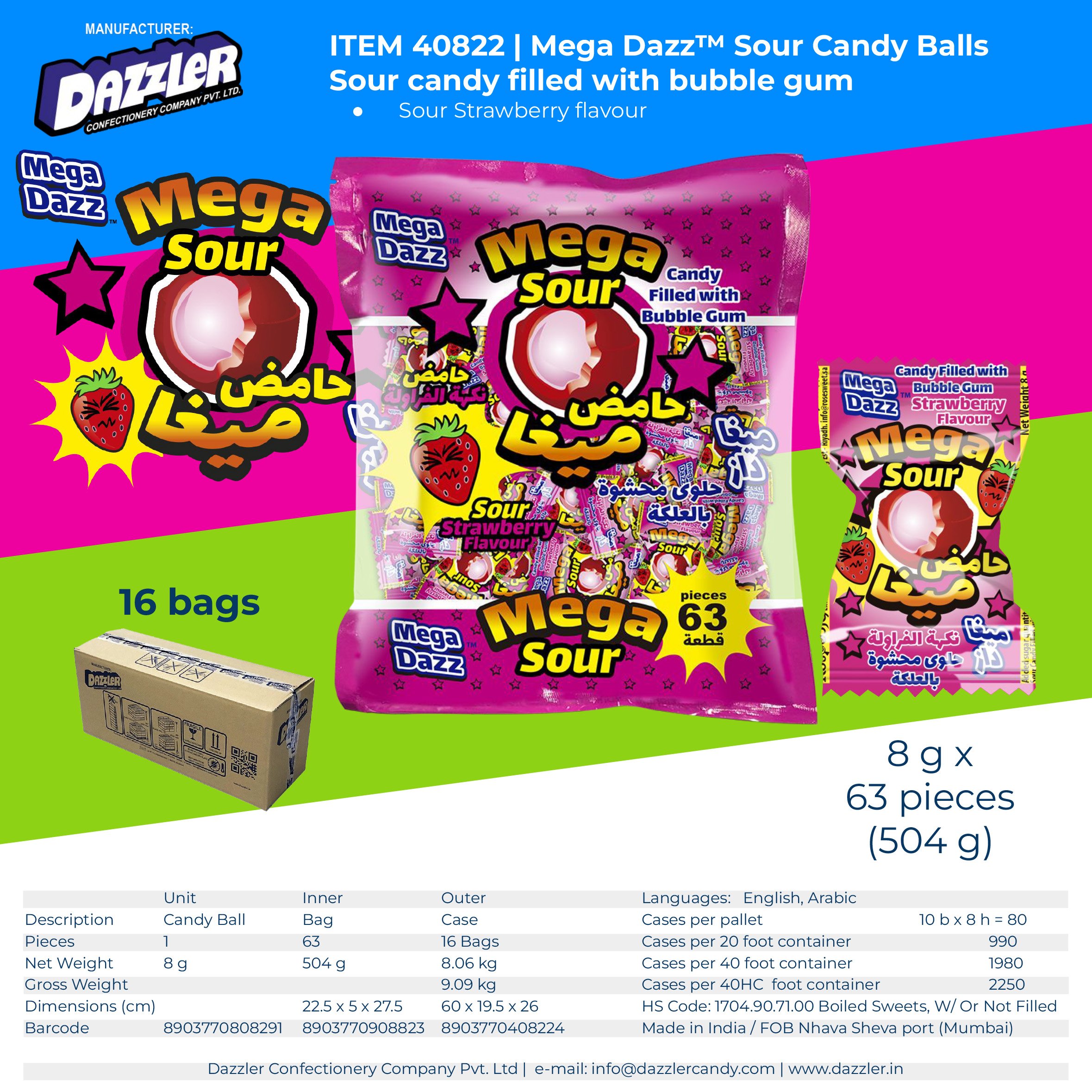 40822 | MEGA DAZZ | MEGA SOUR | 8 g x 63 pieces x 16 bags per Outer Case