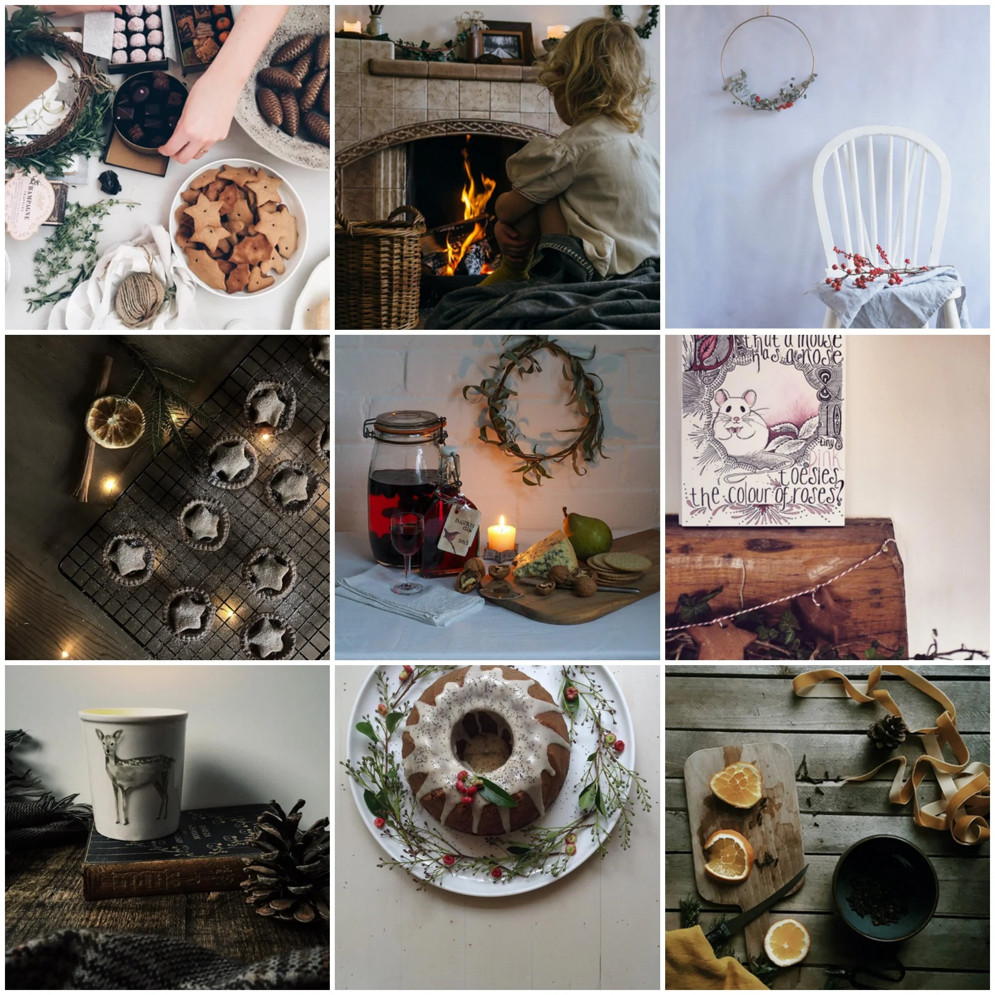 First Row (L-R): @hanbullivant ; @geoffreyandgrace ; @c_colli . Second Row (L-R): @featherandwild ; @niki.at.the.cottage ; @peonyandpraxis . Third Row (L-R): @simpleandseason ; @a_season_in_thyme ; @littlegreenshed .