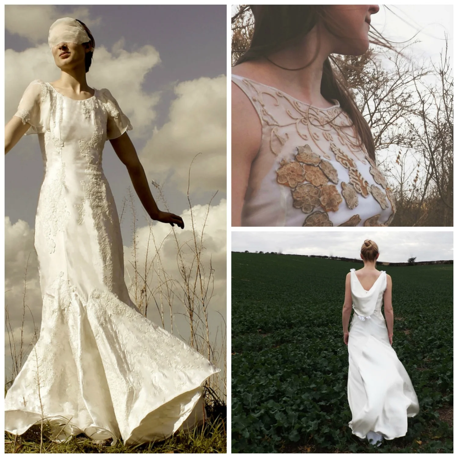 Dresses inspired by (left) stratus clouds, (top right) alto-stratus clouds and (bottom right) trailing roses.