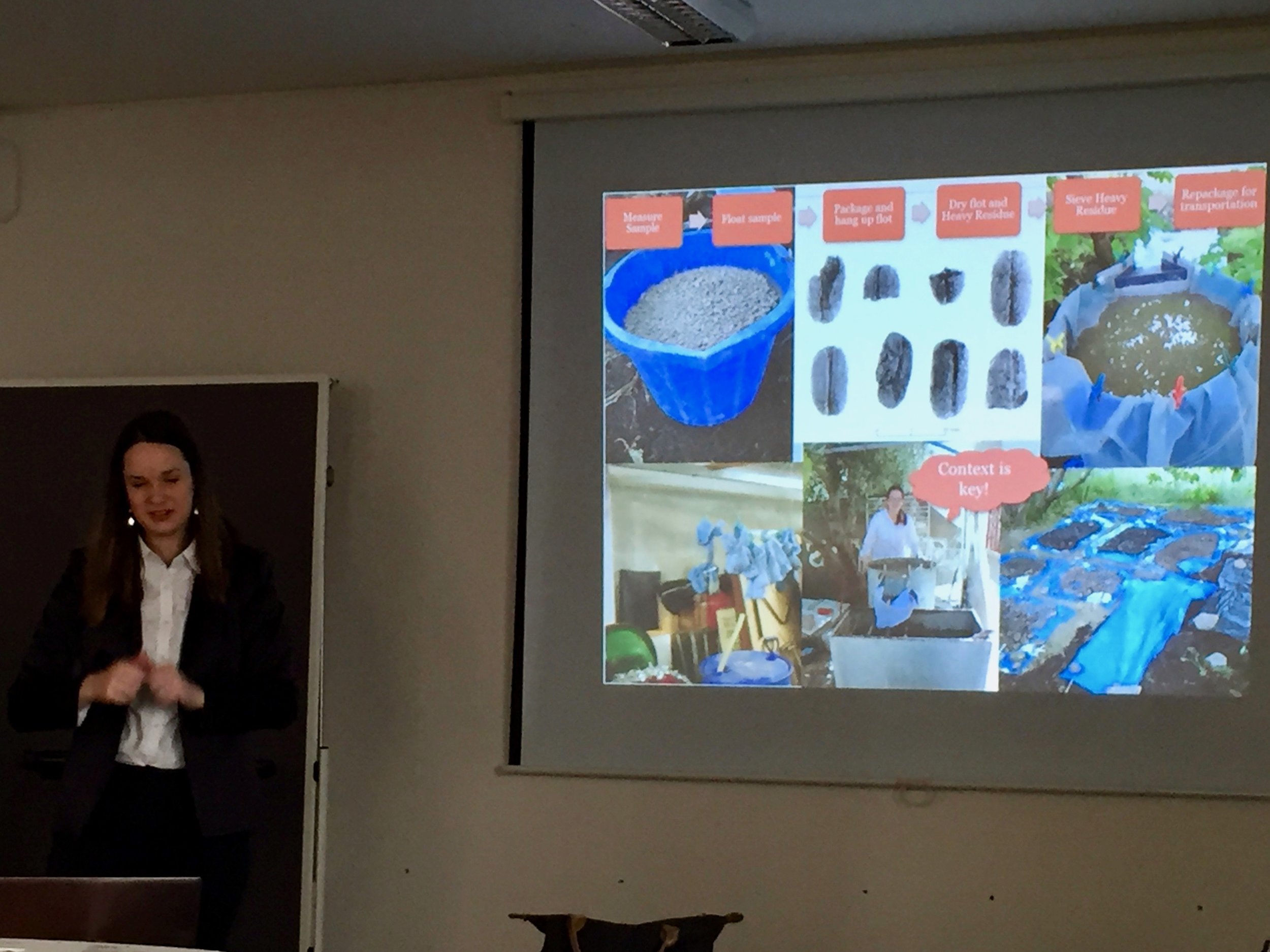 Annette Hansen discussing the process of sorting plant remains at an archeological site.