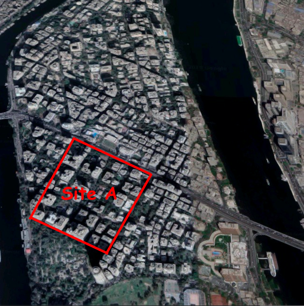 Roughly the same view of the modern site. Site A marked in red. Google Maps, 2018.
