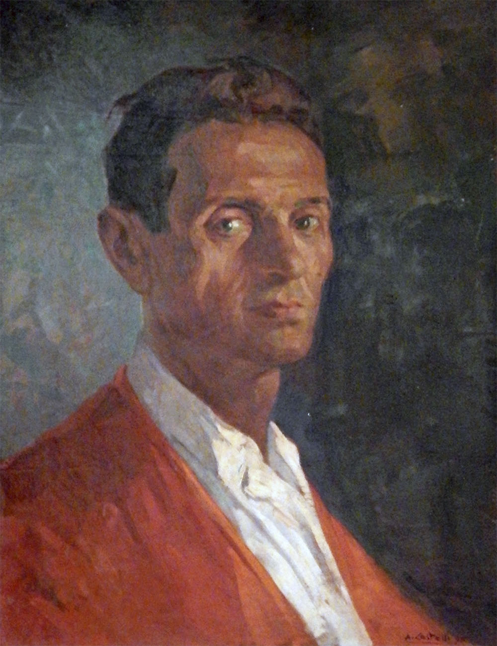 Self-portrait with rust-color blazer (oil, 1955)