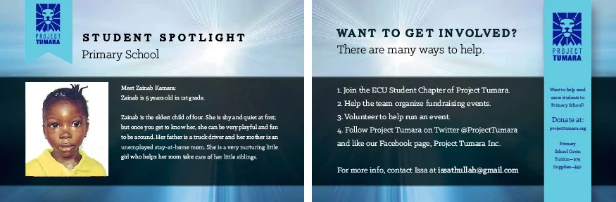 Front and back of postcards for sponsors intended to create a personal connection to students