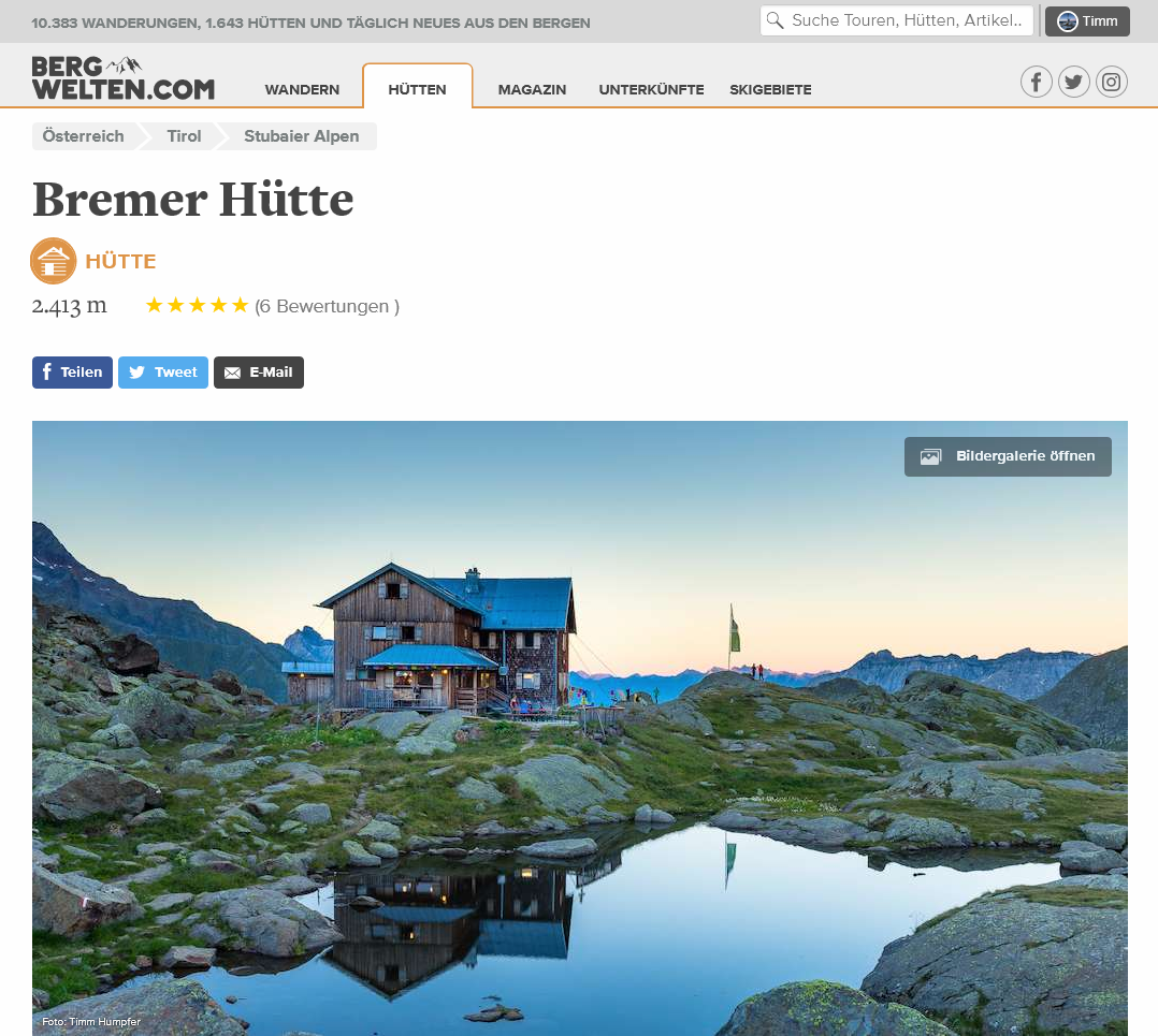 Sie ist das Hüttenfoto der Bremer Hütte auf Bergwelten.com und erschien in der vorletzten Print-Ausgabe des Magazins in der Wahl zu den "20 schönsten Hütten".