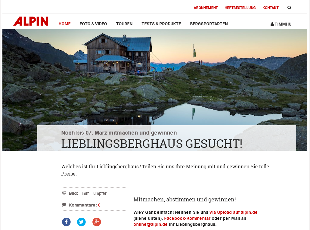 Auch beim ALPIN Magazin war sie das Titelbild für die Wahl zum "Lieblingsberghaus".