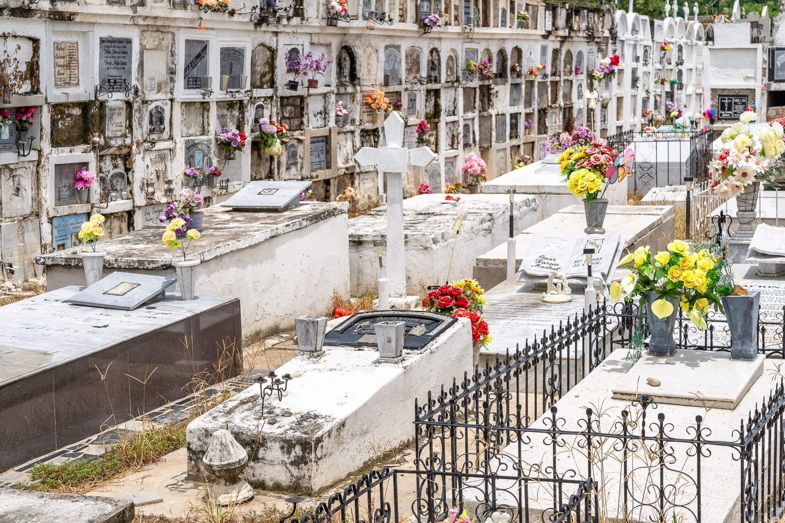  Übersicht über den historischen Friedhof von Santa Cruz de Mompox mit Nischengräbern, Blumen und schmiedeeisernen Zäunen. 