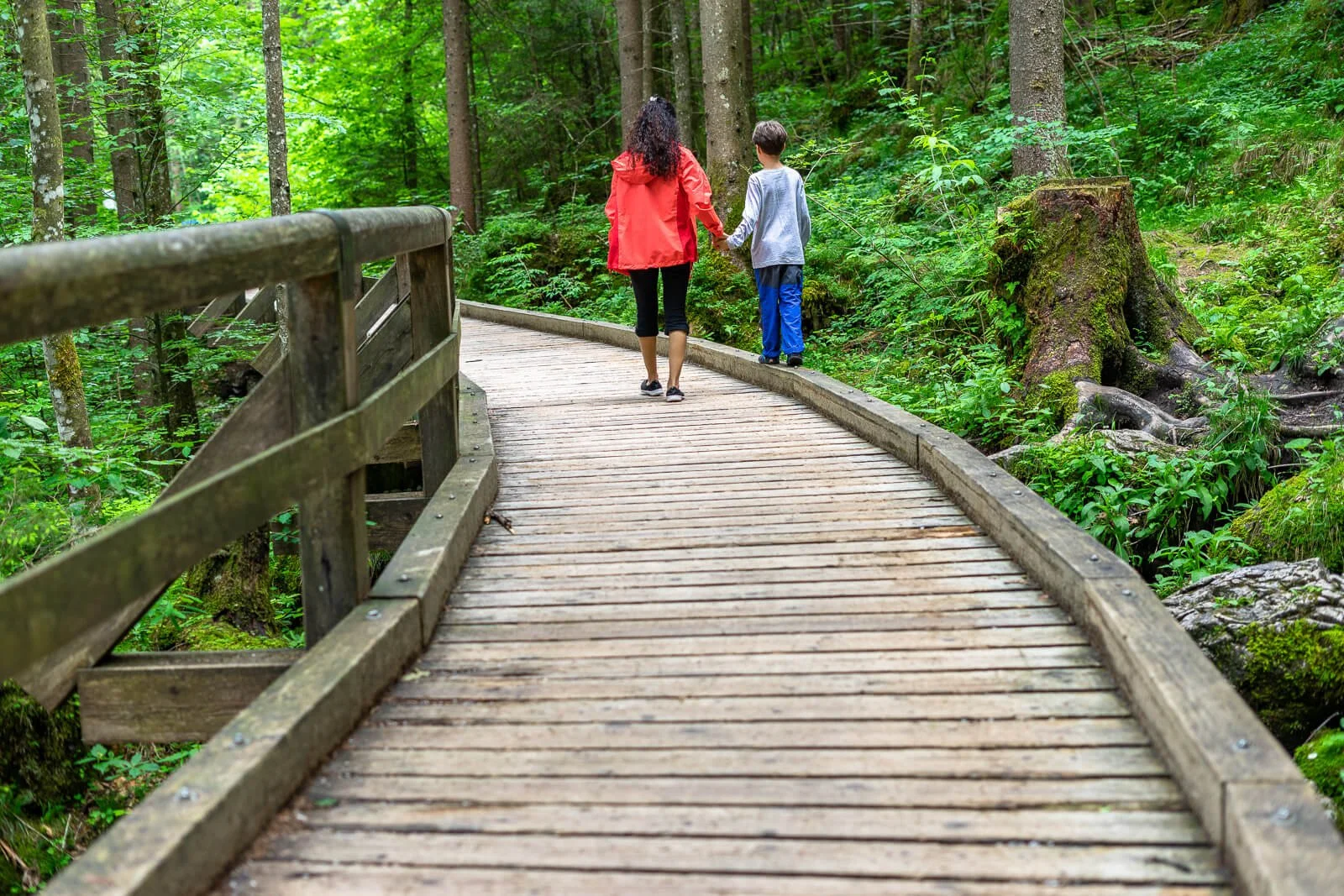  Holzsteg im Zauberwald bei Ramsau, Mutter und Kind gehen über den Steg durch den Bergwald 