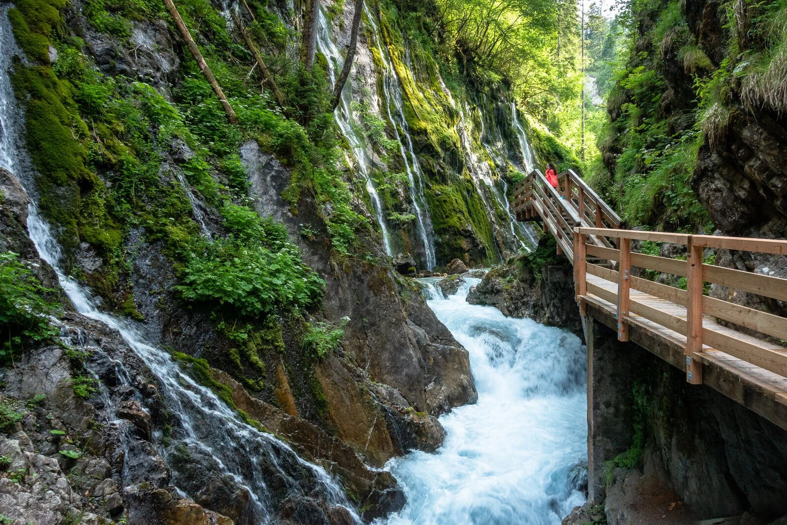  Holzsteg in der Wimbachklamm im Berchtesgadener Land, Wasser stürzt durch die enge Schlucht zwischen moosbewachsenen Felsen 