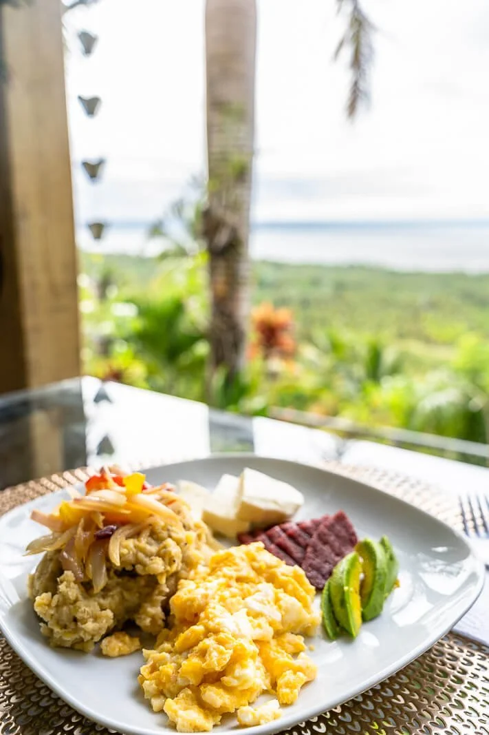  Frühstück auf der offenen Terrasse von Jardines La Loma bei Sánchez mit Blick über Palmen und die Bucht von Samaná 