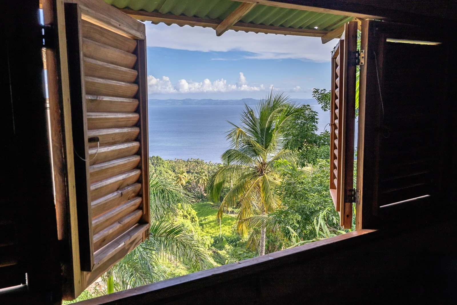  Blick aus einem Zimmer der Hacienda Cocuyo über Palmenlandschaft und die Bucht von Samaná 