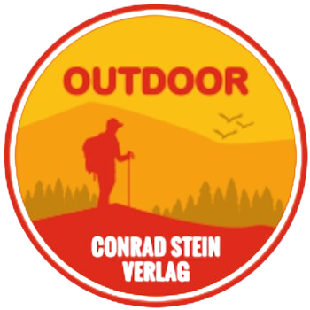 Ein Logo mit dem Text 'OUTDOOR' oben, eine Silhouette eines Wanderers vor einer Hügel- und Baumlandschaft, und der Text 'CONRAD STETIN VERLAG' am unteren Rand.