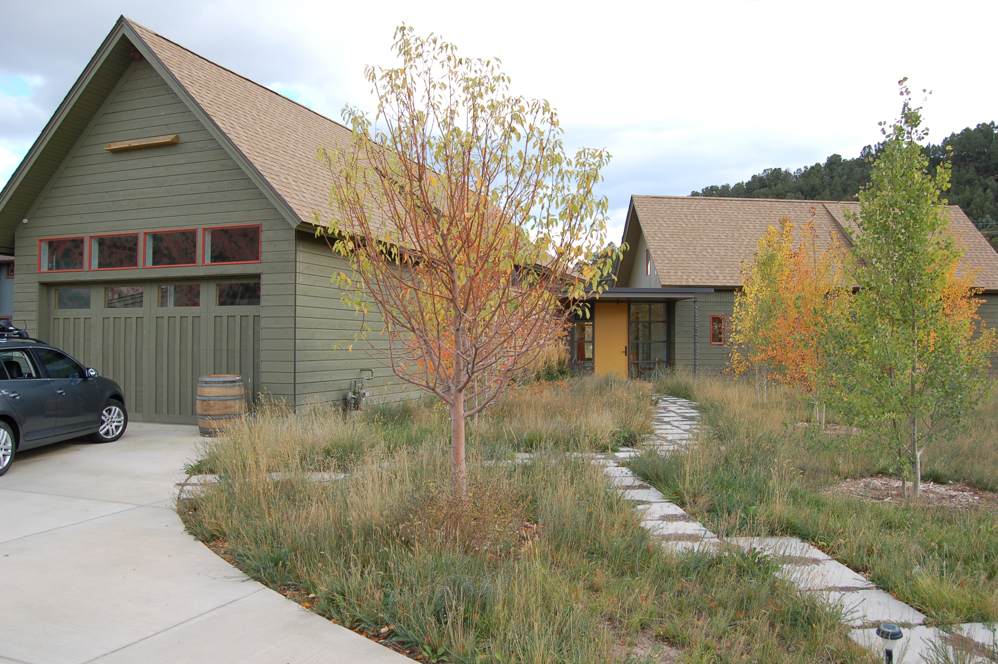 The Weese House front walk meanders through native grasses